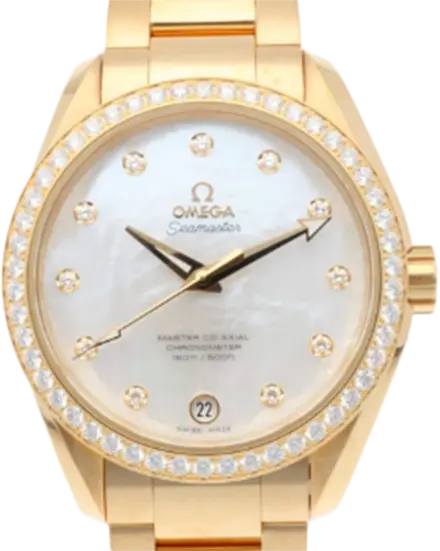OMEGA オメガ K18YG 腕時計 ベゼルダイヤ 11Pダイヤ ホワイトシェル シーマスター アクアテラ